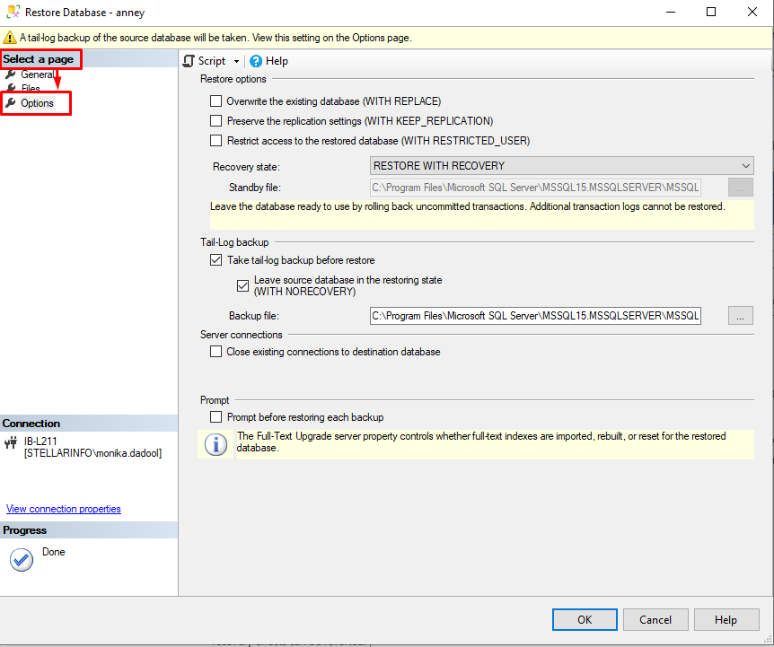 Select a page option in SQL restore window